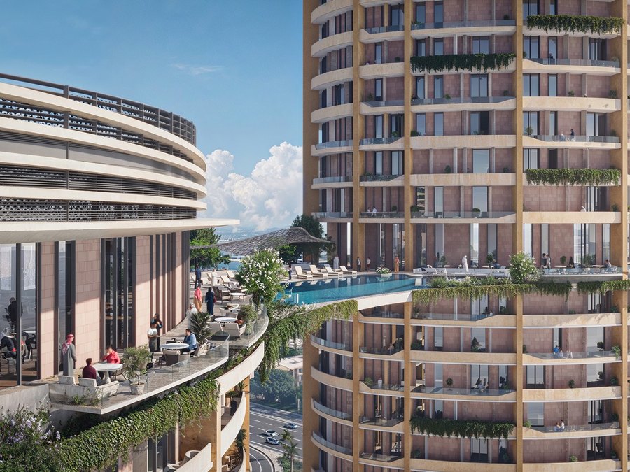 Curved tower and pool